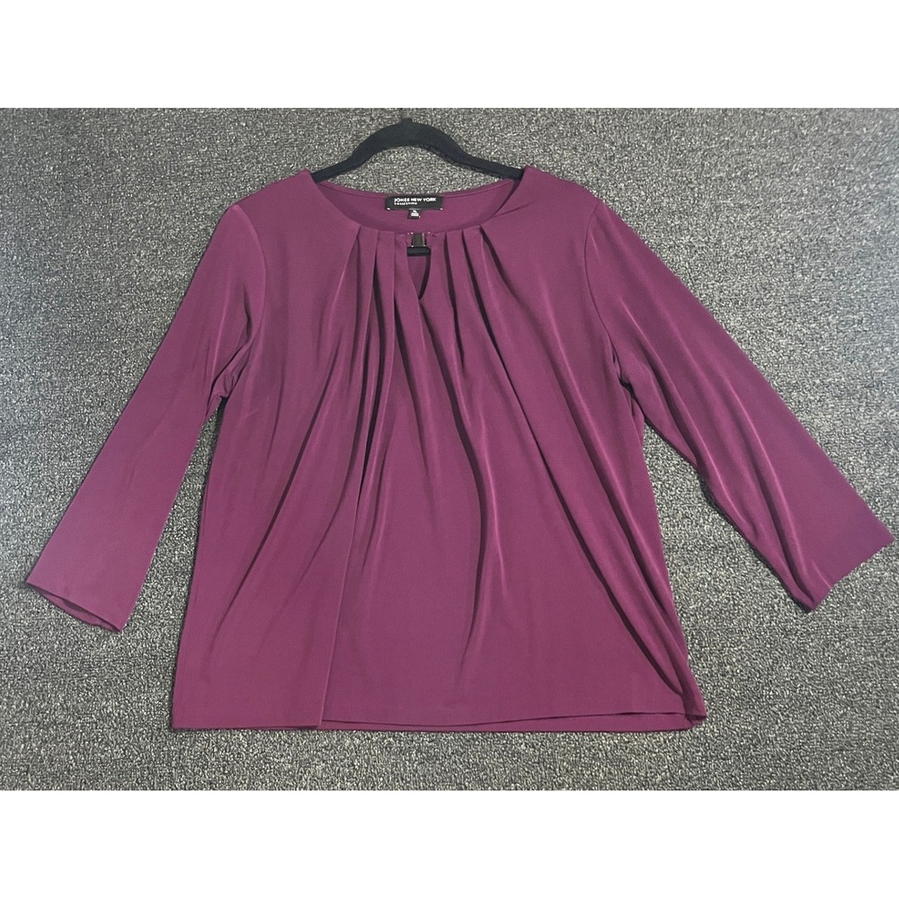 Jones New York Collection Plum Purple‎ Pleated Keyhole Bar Blouse XL 3/4 Sleeve